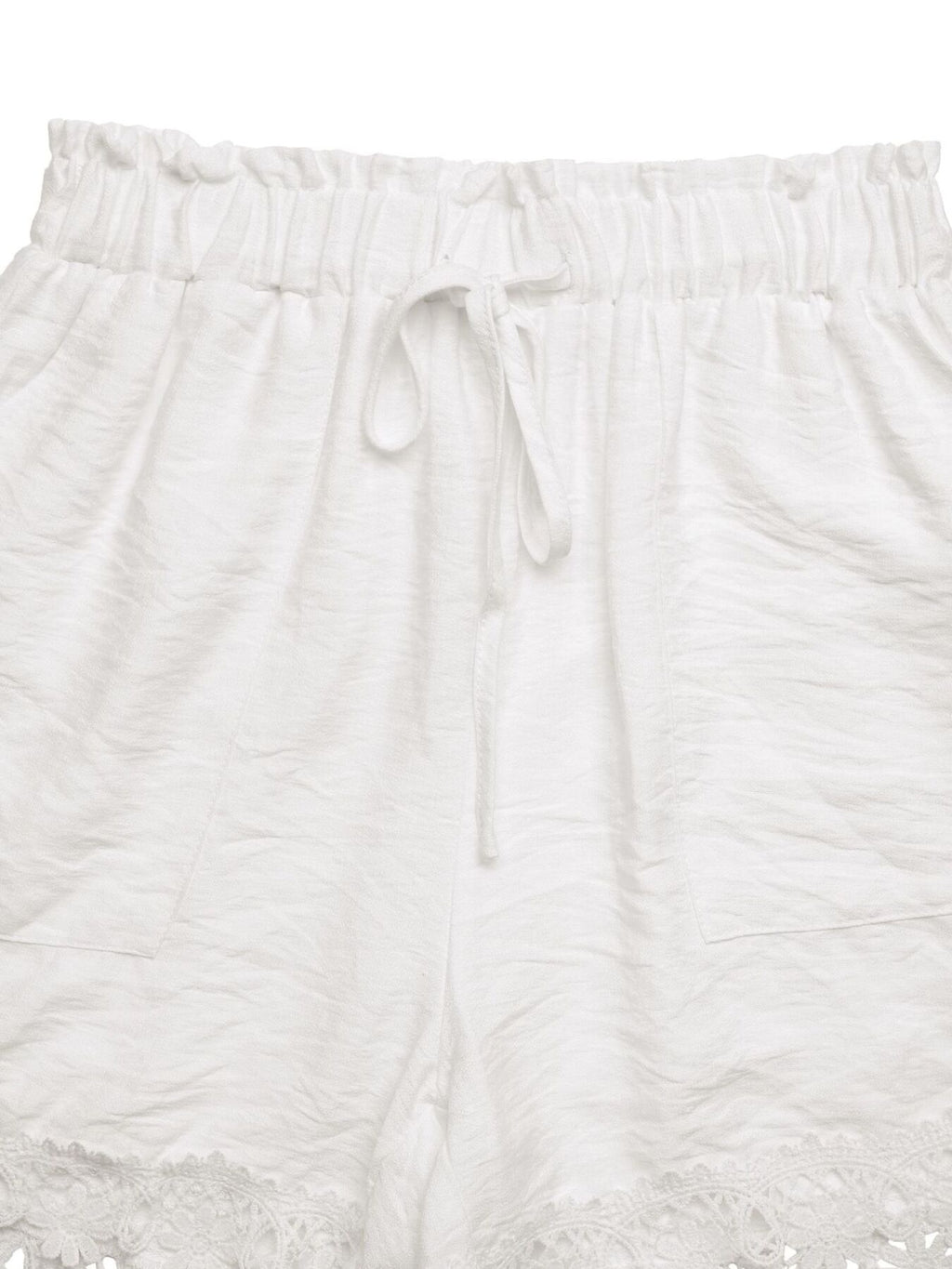Ivory elastic-waist shorts with front drawstring and textured panel detailing