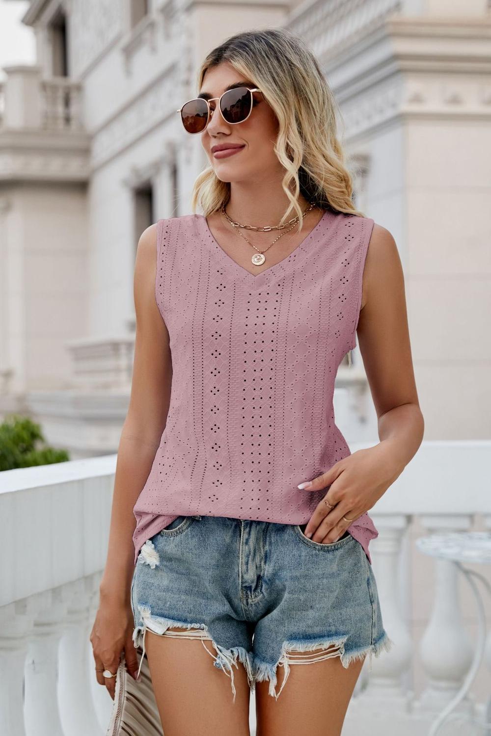 Lavender eyelet V-neck tank, sleeveless, with cutwork eyelet pattern