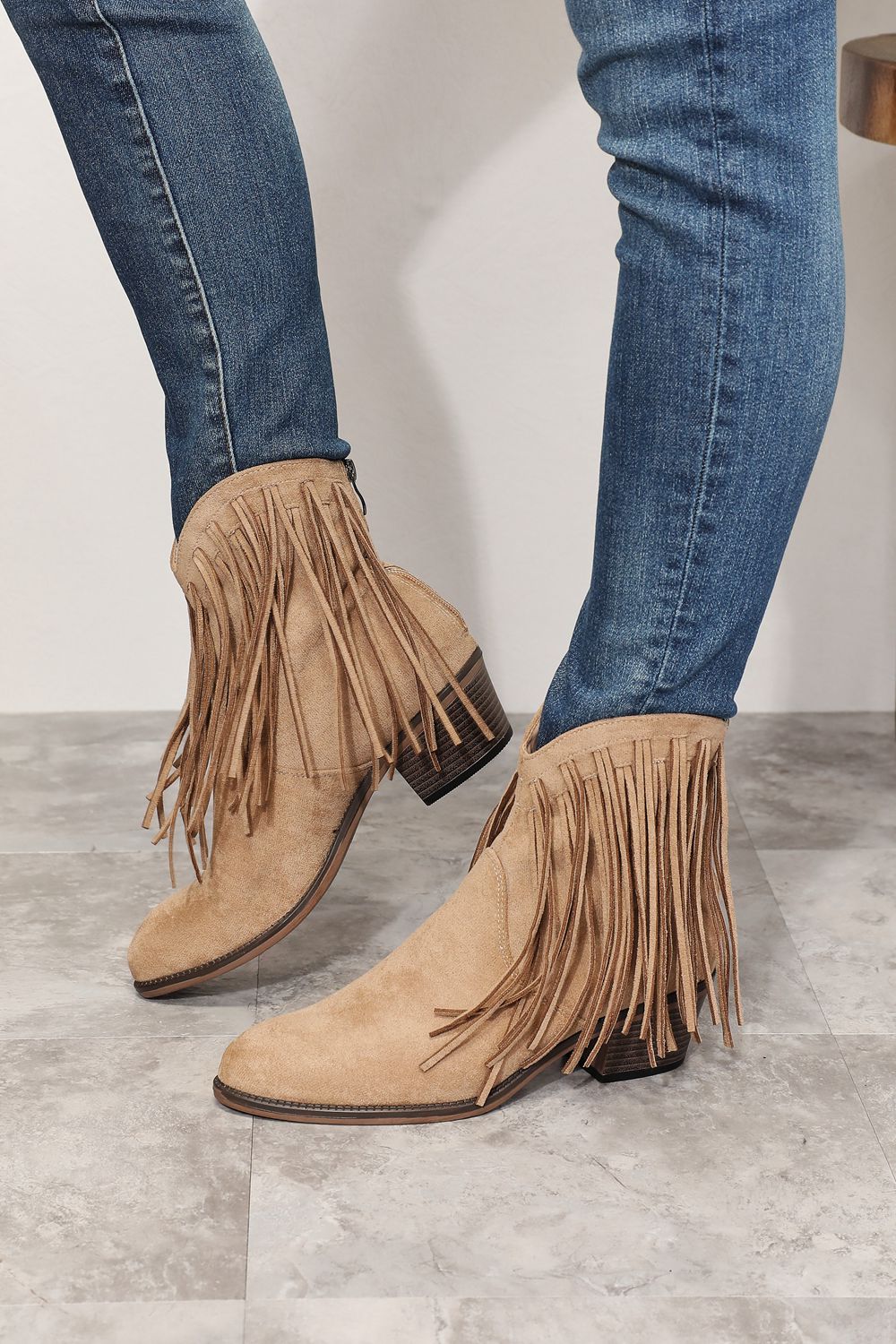 Khaki fringe western ankle boots with pointed toe and stacked heel