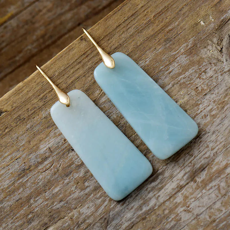 Light blue rectangular stone drop earrings, gold-tone hooks