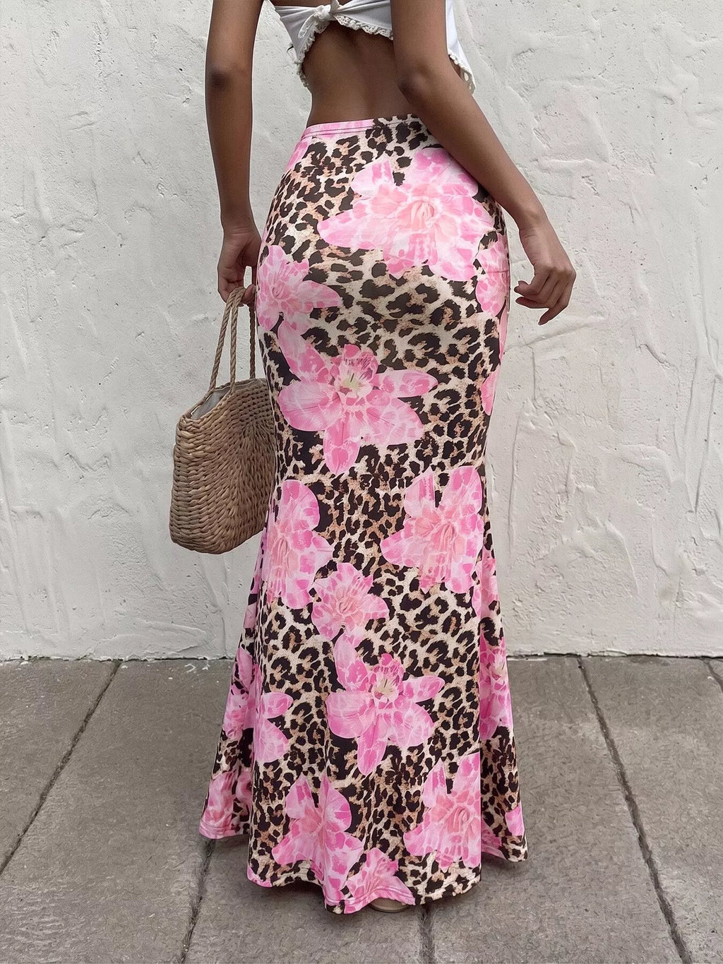 Pink leopard print floral maxi bodycon skirt with fitted silhouette