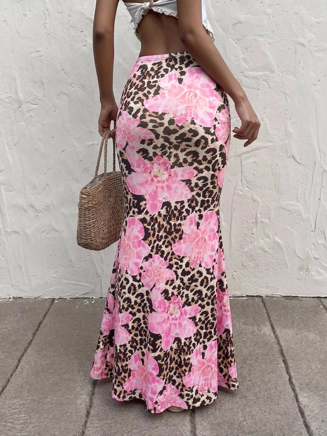 Pink leopard print floral maxi bodycon skirt with fitted silhouette