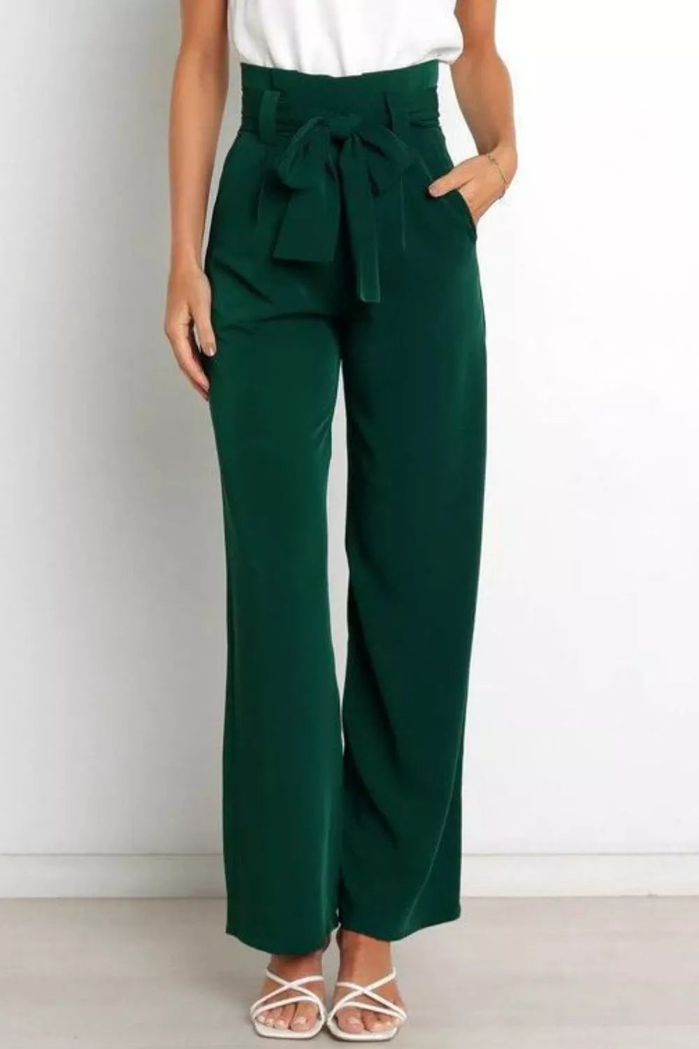 High waist tie-front wide-leg pants in dark green with front bow