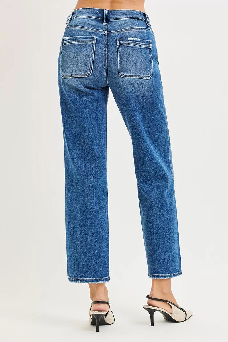 Back view: medium wash high-rise straight jeans with two back pockets