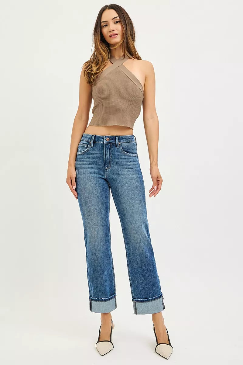 Dark blue cuffed hem jeans with button fly and front pockets