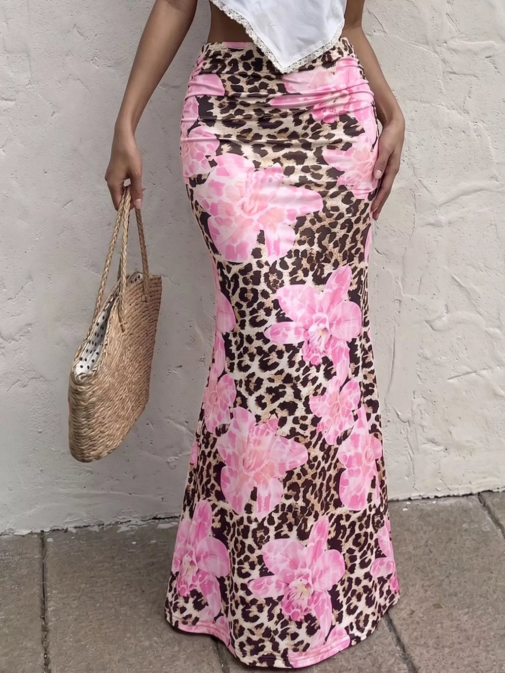 Blush pink leopard print maxi skirt with pink flower pattern, slim bodycon fit