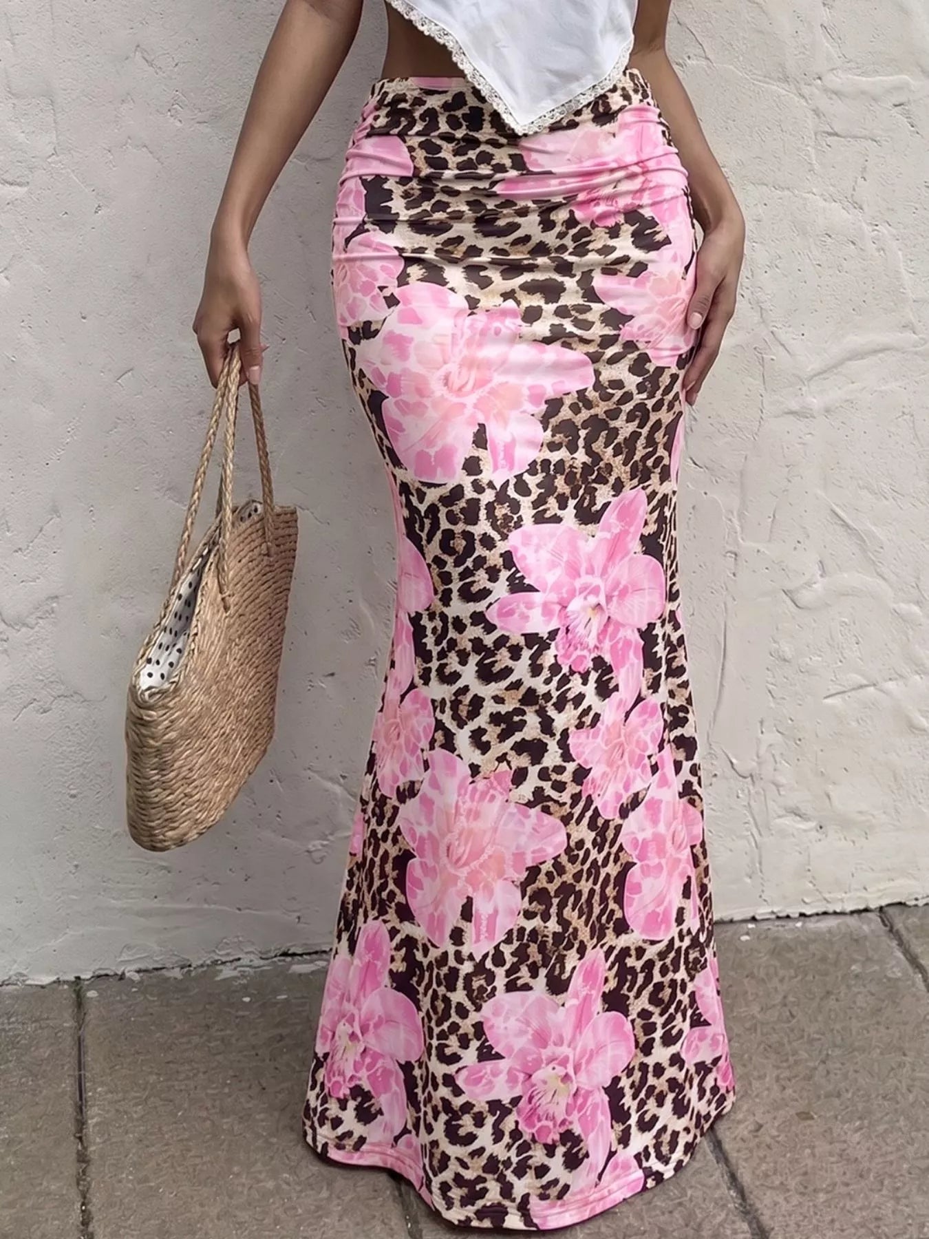Blush pink leopard print maxi skirt with pink flower pattern, slim bodycon fit
