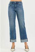 Dark blue button-fly straight-leg jeans with cuffed hems and belt loops