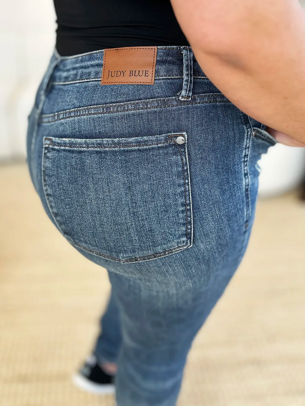 Judy Blue mid-waist slim jeans, dark wash with back pocket distress
