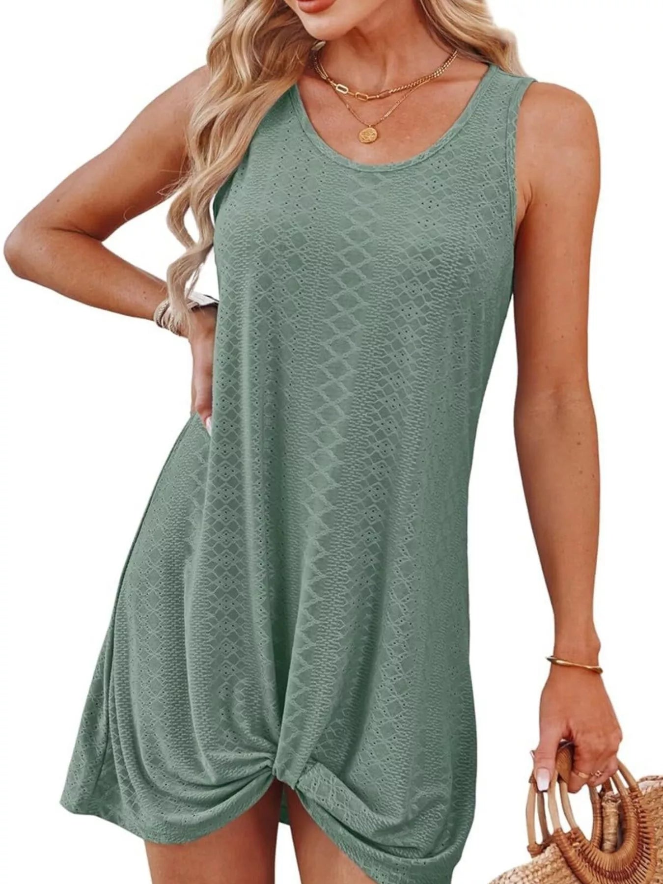Teal sleeveless tank dress with textured knit, knotted drape hem and scoop neck