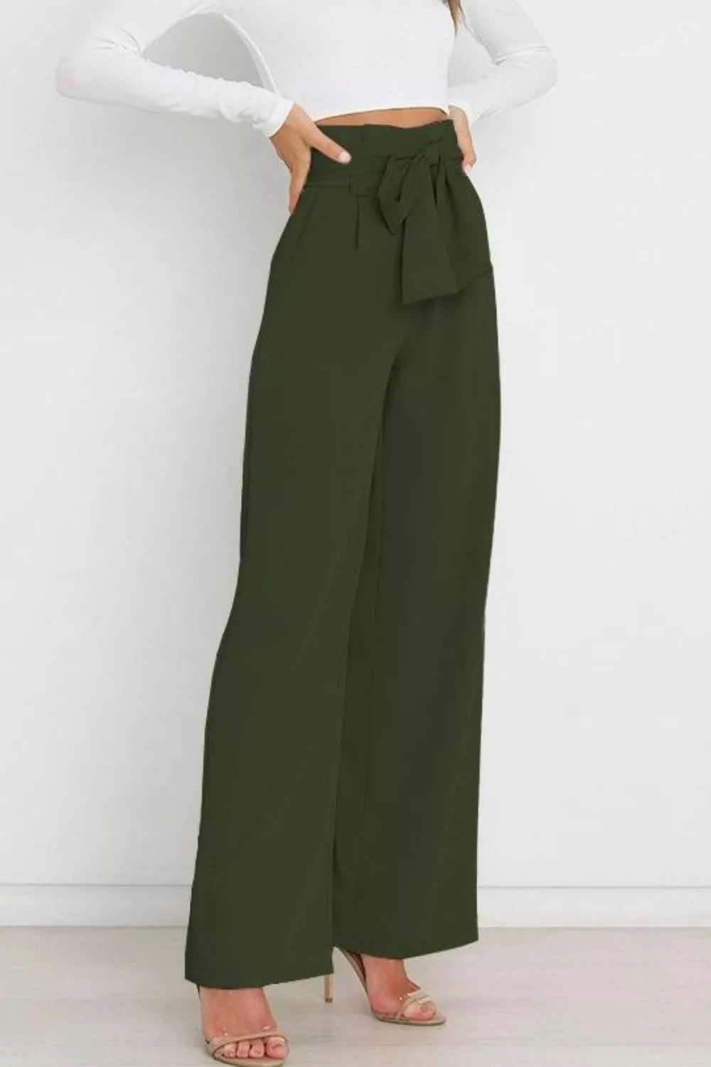 High-waist wide-leg pants, dark green with front bow tie