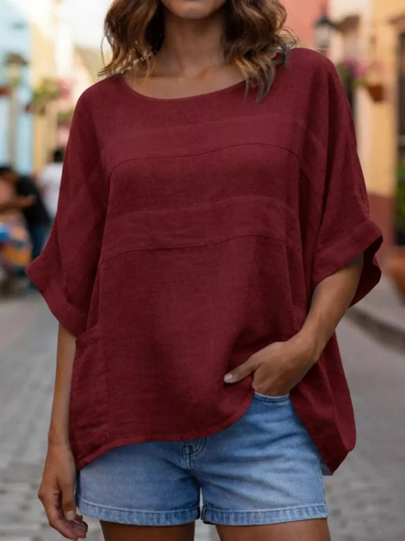 Plus size casual loose blouse, round neck, short batwing sleeves, wine red