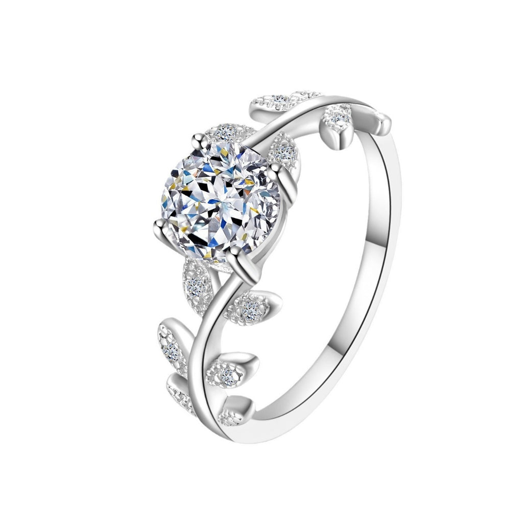 925 sterling silver leaf ring, round center stone with leaf prongs