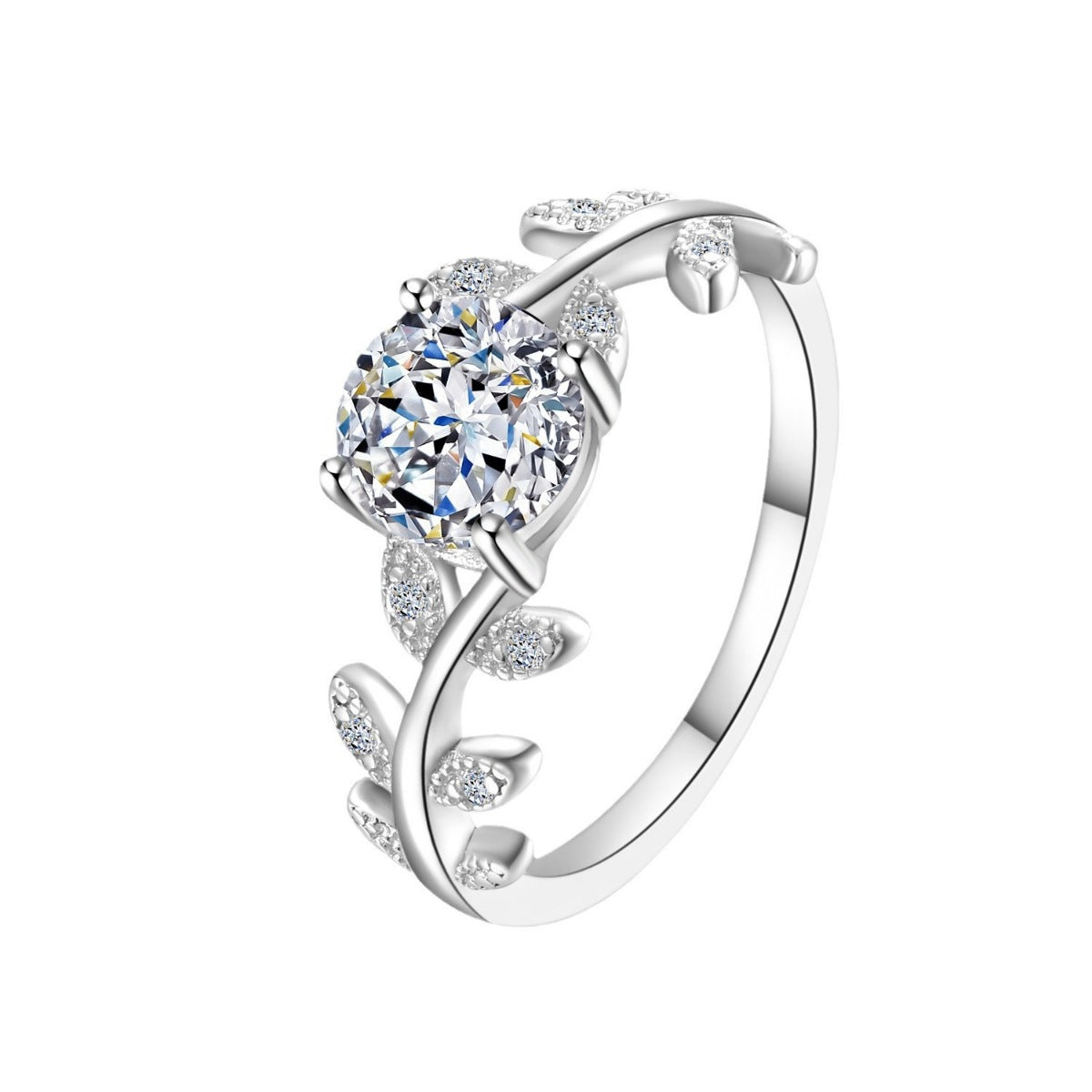 925 sterling silver leaf ring, round center stone with leaf prongs