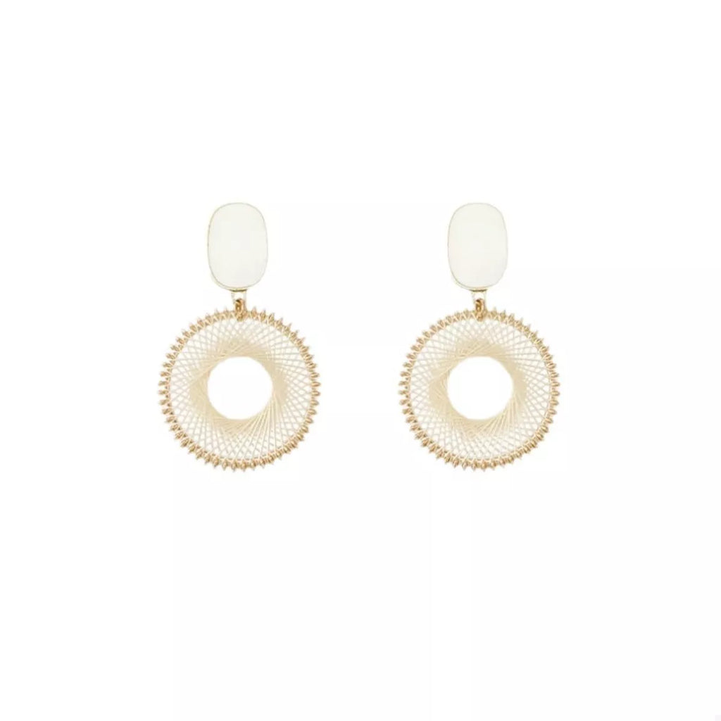 Gold-plated circle earrings with white oval tops and woven circular ring drops