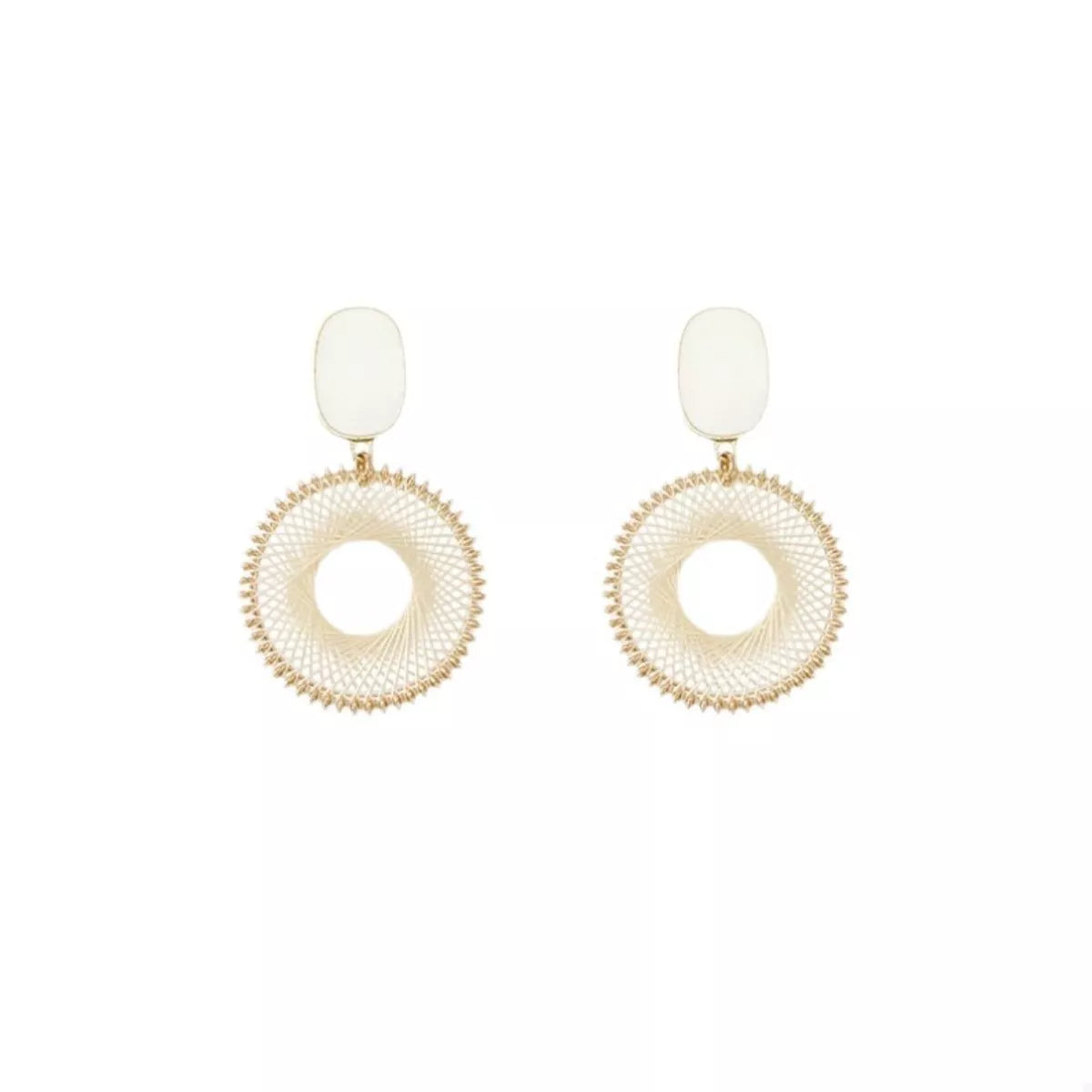 Gold-plated circle earrings with white oval tops and woven circular ring drops