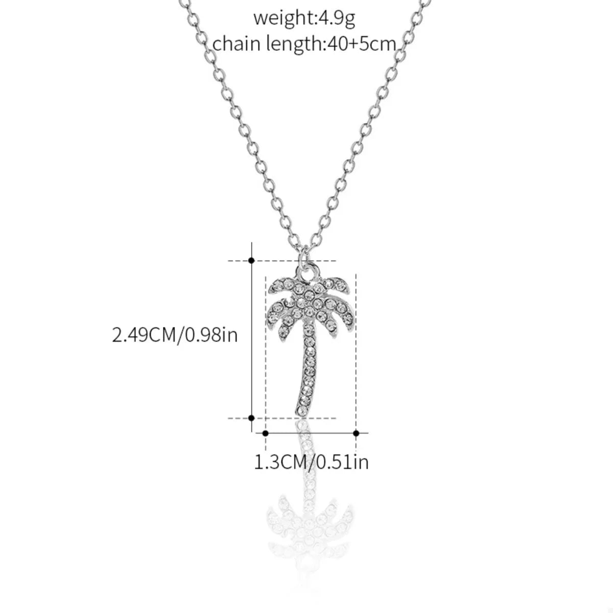 Size chart: silver palm pendant height 2.49 cm; chain length 40+5 cm