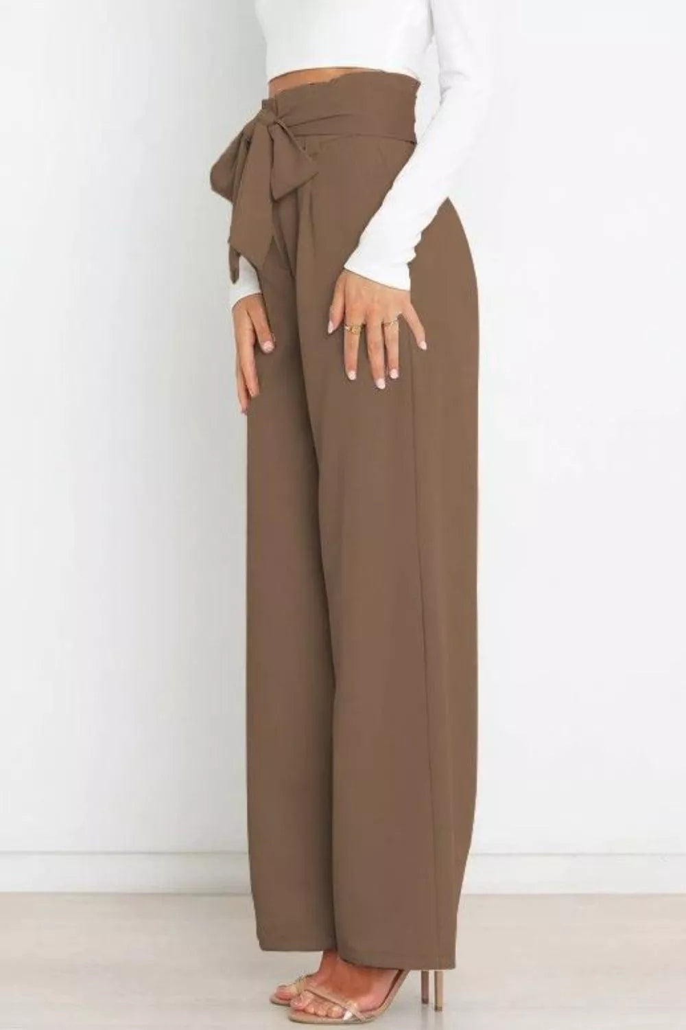 Khaki high-waist wide-leg pants with bow tie at front waist