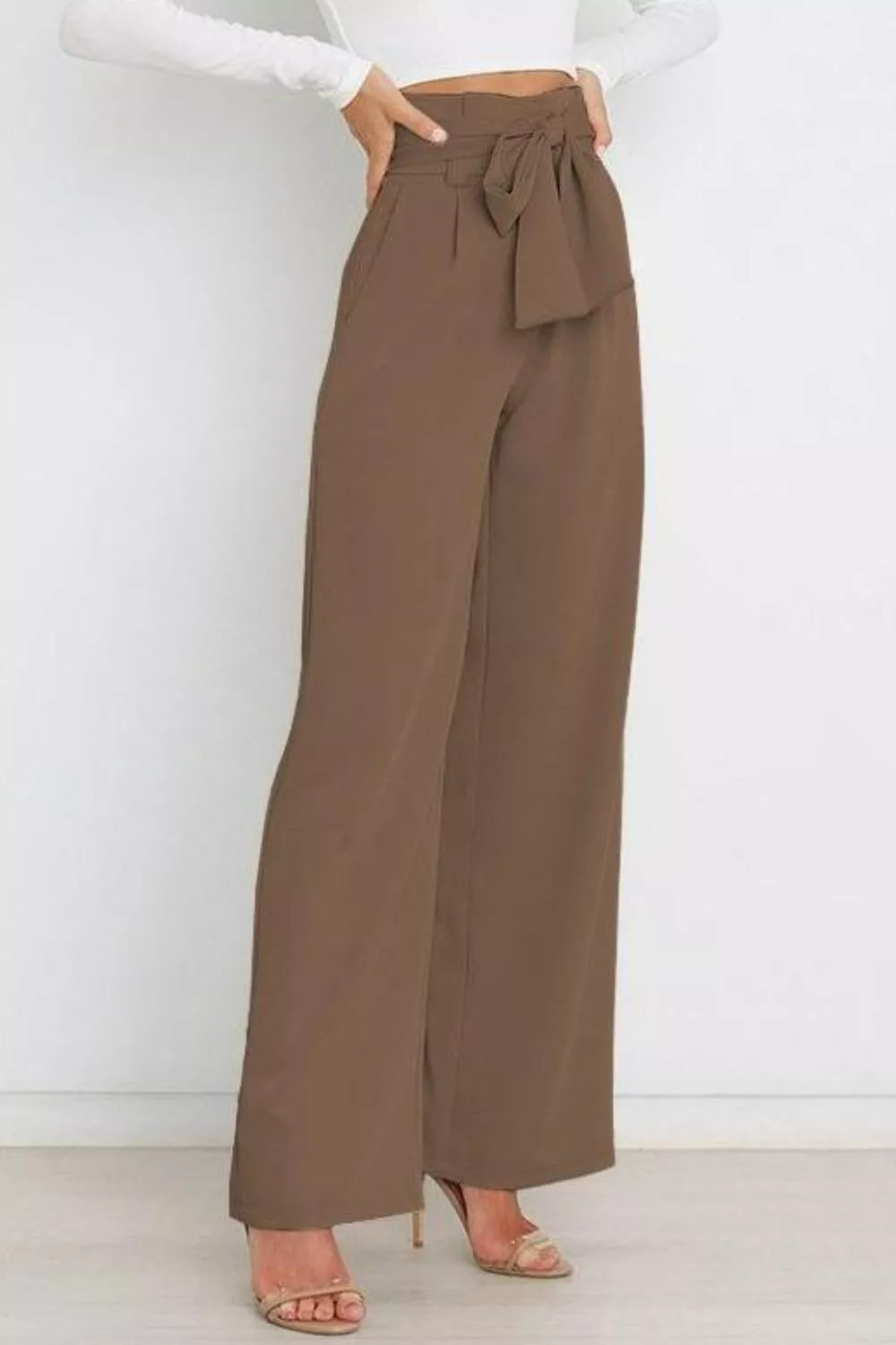 Khaki high-waist wide-leg pants with front tie and pleated waistband