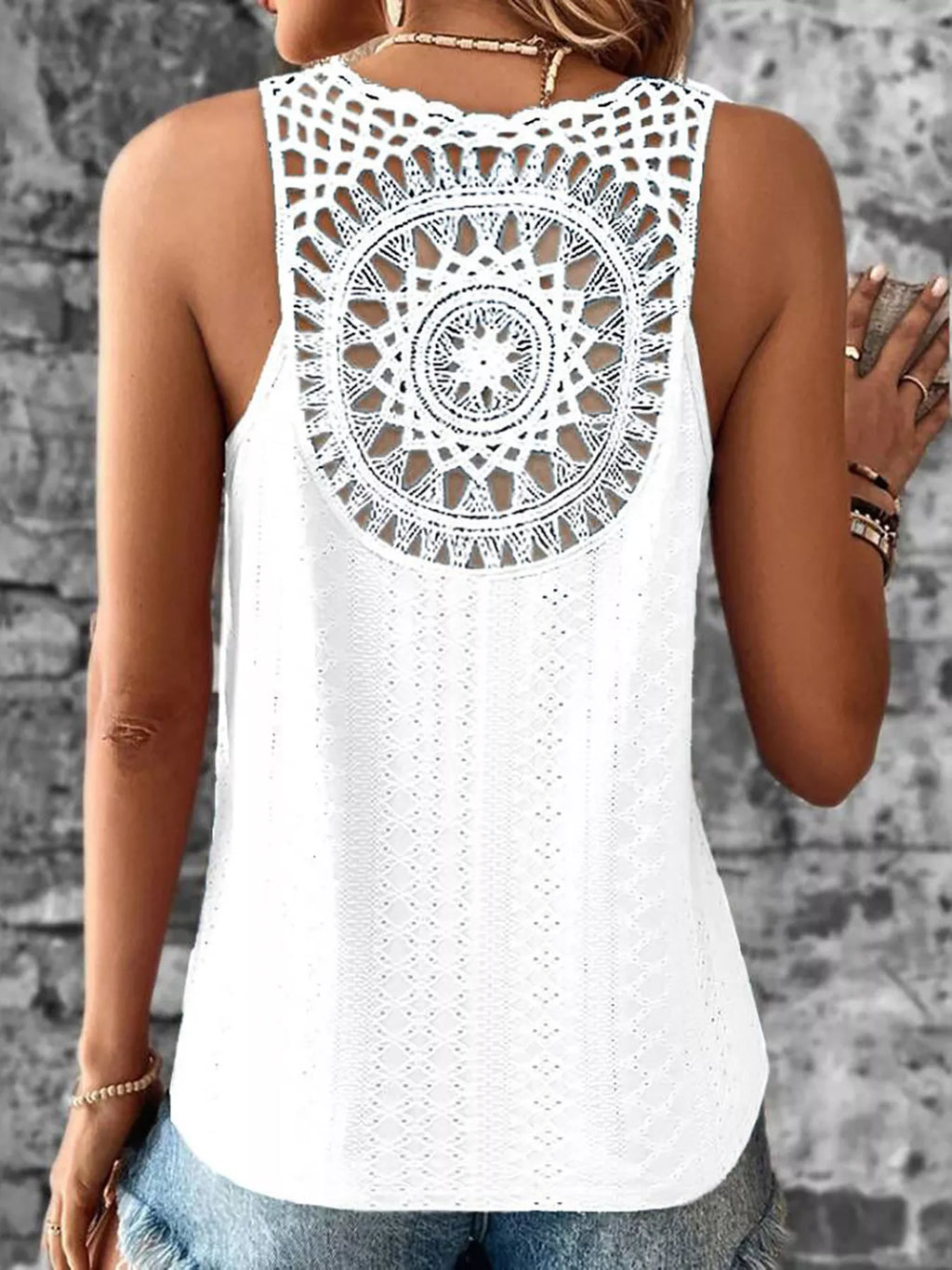 White eyelet lace back tank top with circular crochet design and open back neckline.