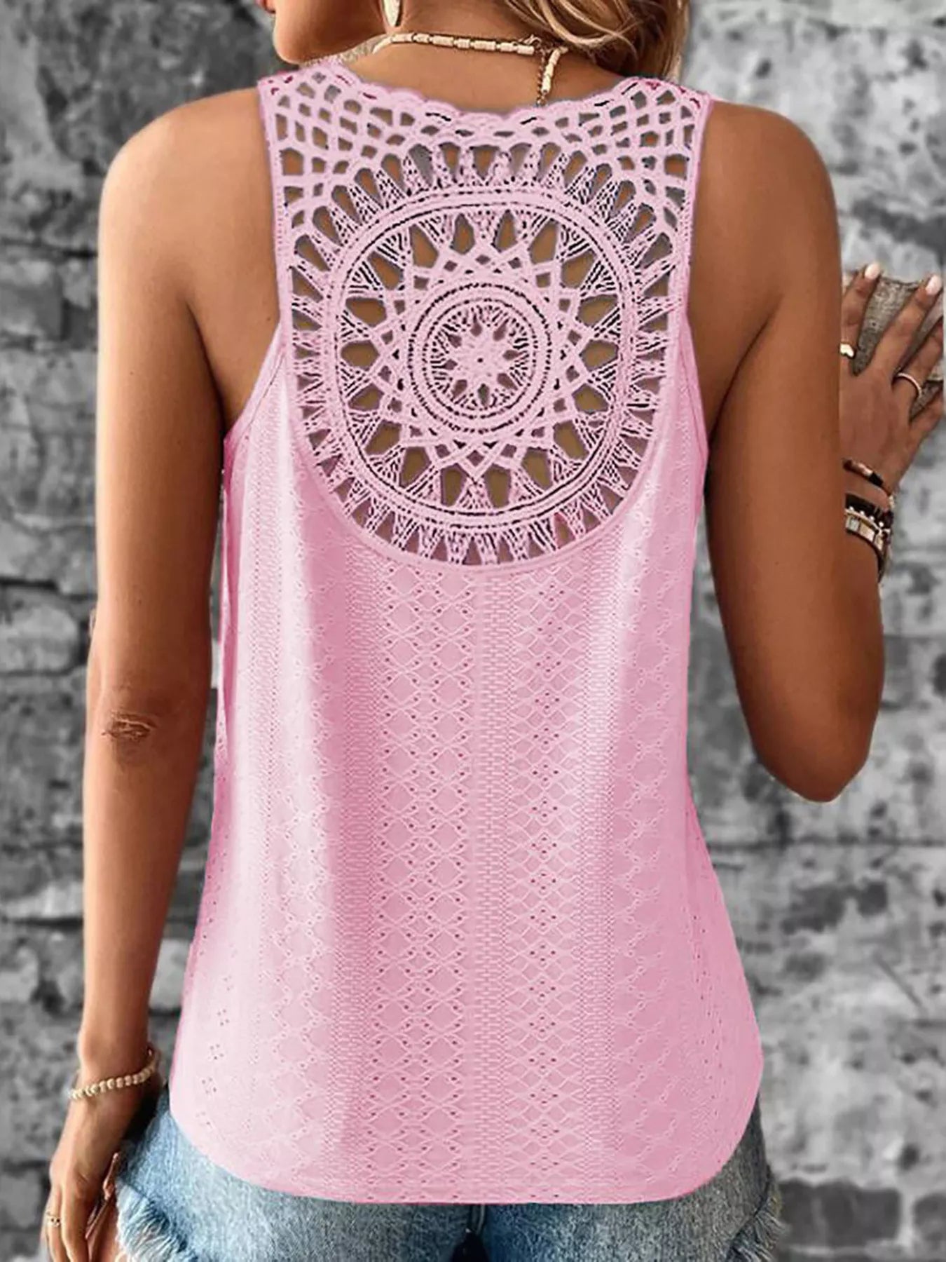 Dusty pink eyelet lace V-neck tank top with circular cutout back yoke
