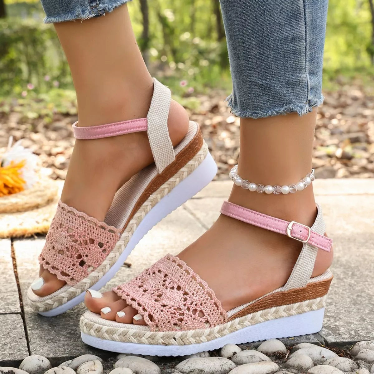 Pink crochet espadrille platform sandals with ankle strap, open toe