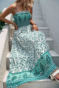 Turquoise floral shirred cami maxi dress with patterned border hem