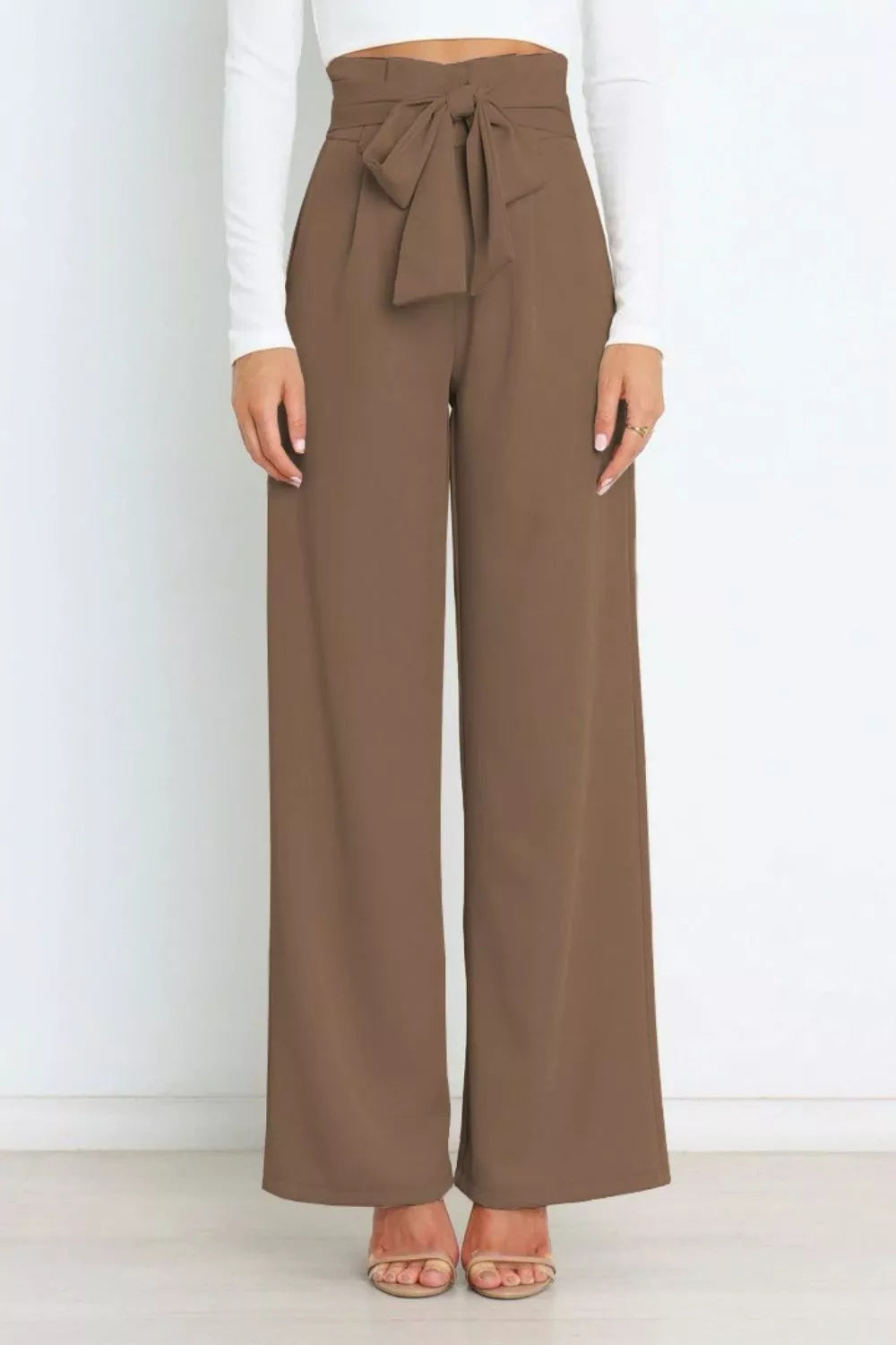 High waist tie-front wide-leg pants in khaki with front bow