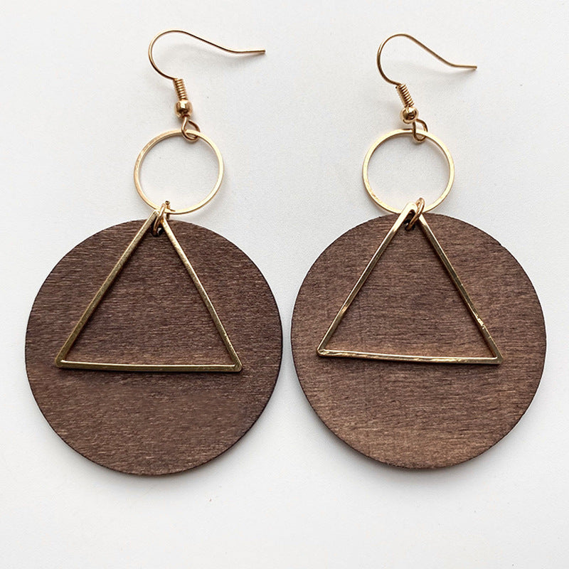 Geometric drop earrings with brown round base and gold-tone triangle accent