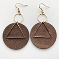 Geometric drop earrings with brown round base and gold-tone triangle accent