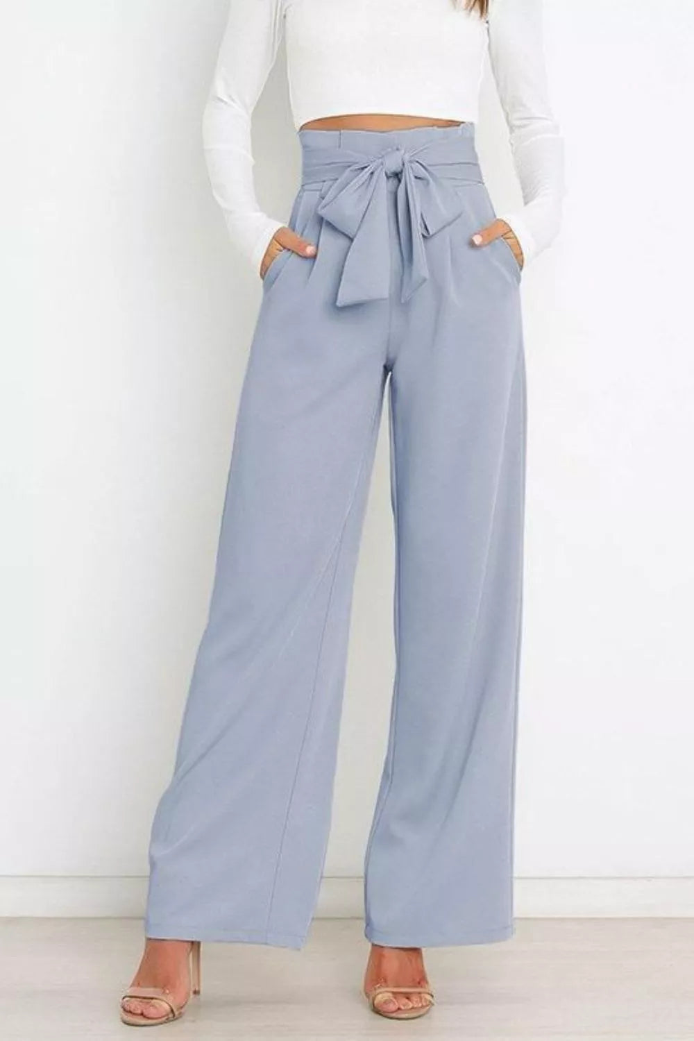 High-waist wide-leg pants with front bow tie, sky blue