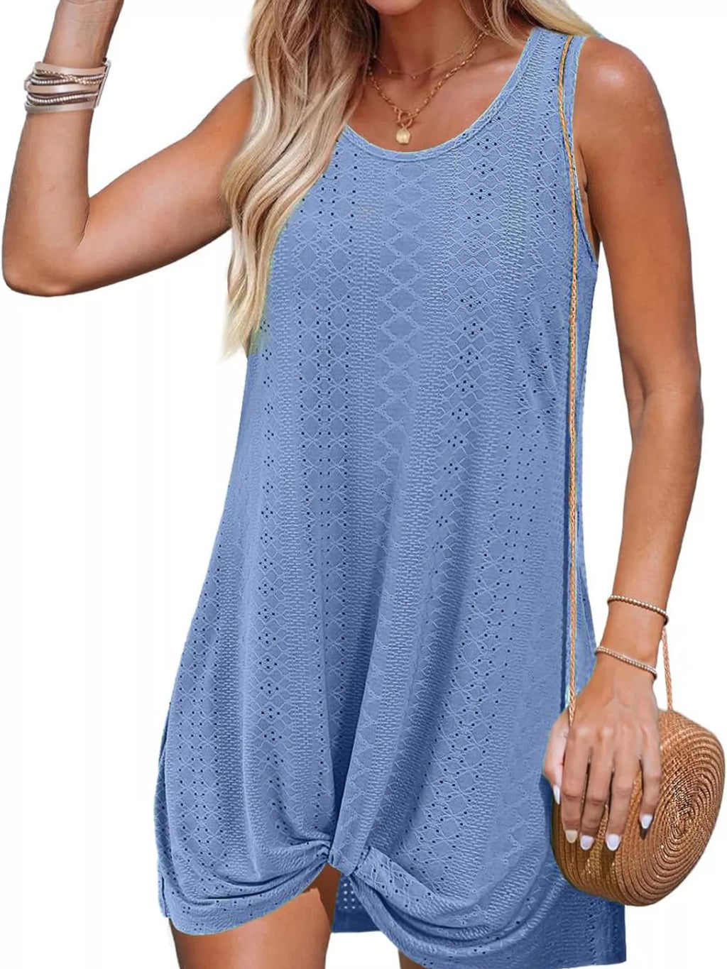 Light blue sleeveless tank dress with textured pattern and knotted side hem.