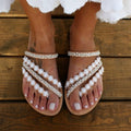 White rhinestone flower flat sandals, toe loop straps with sparkly ankle band