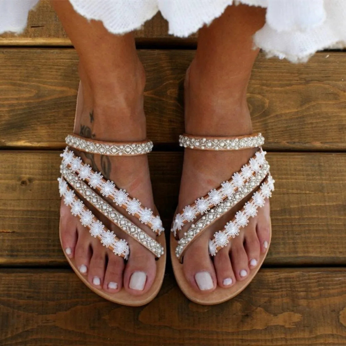 White rhinestone flower flat sandals, toe loop straps with sparkly ankle band