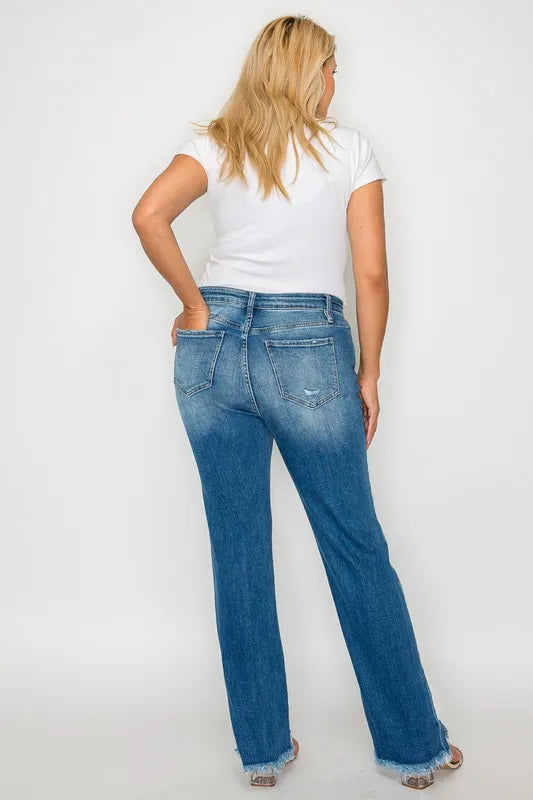 Medium-wash mid-rise straight jeans, back view with distressed details and raw frayed hem