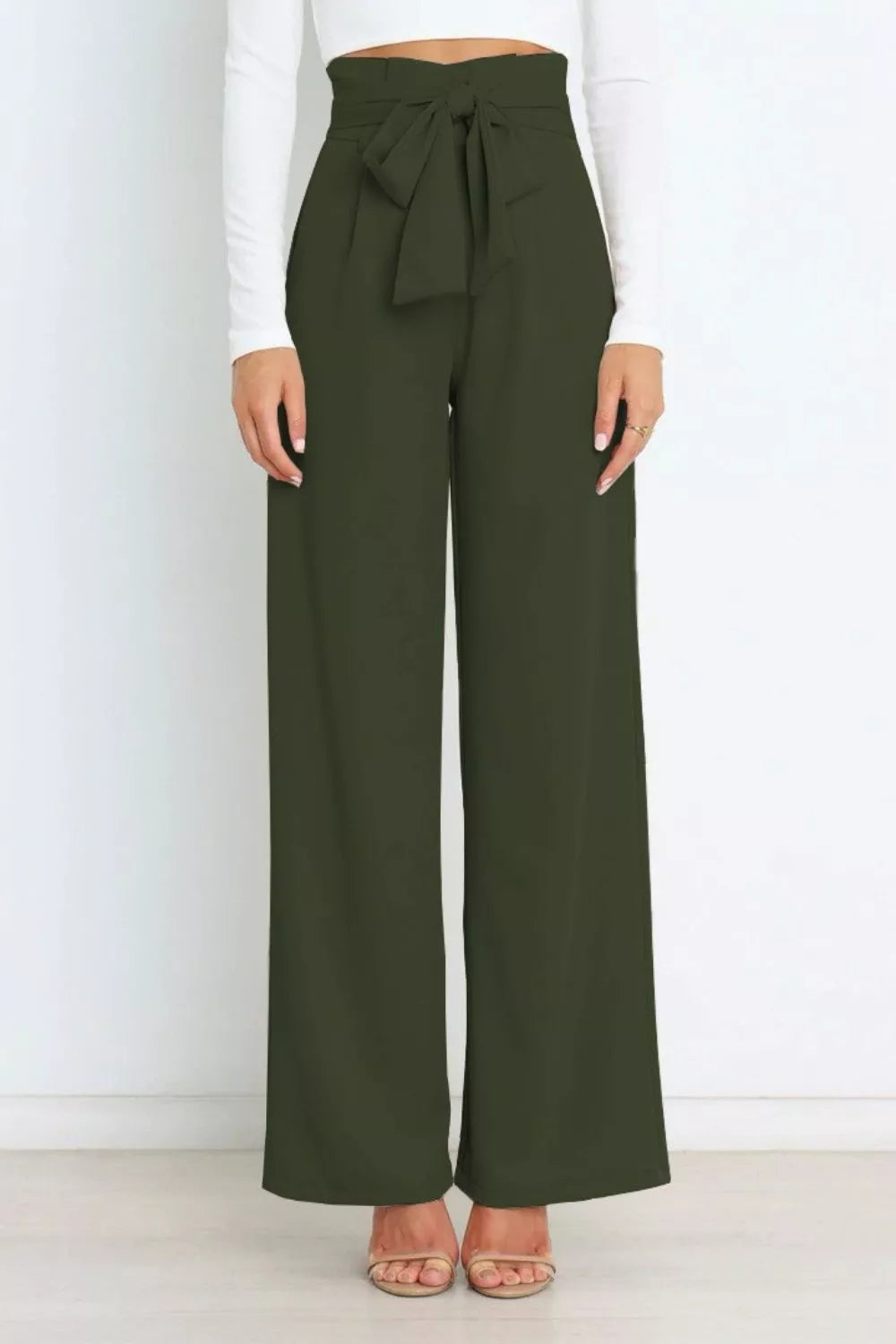Dark green high-waist tie-front wide-leg pants with bow-tied high waistband