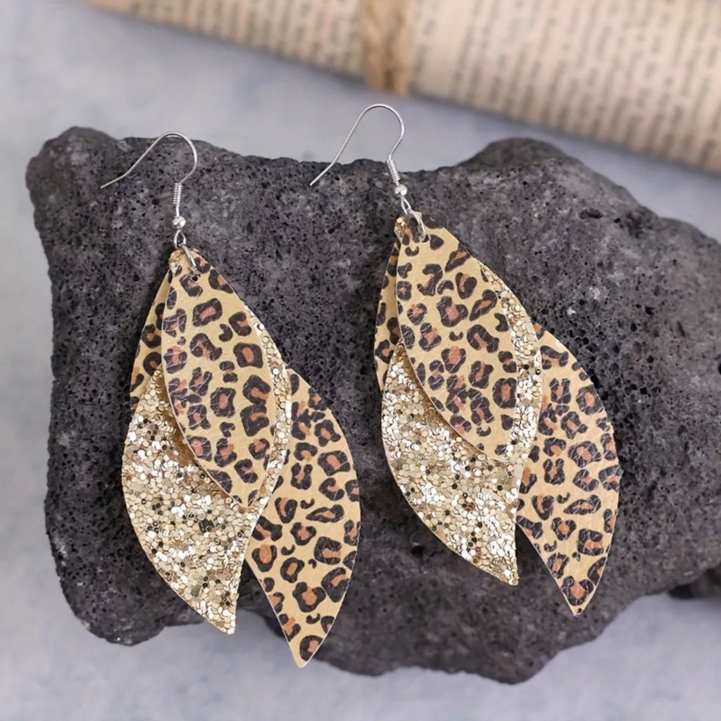 Leopard print leaf drop earrings with gold glitter teardrop accents and hook