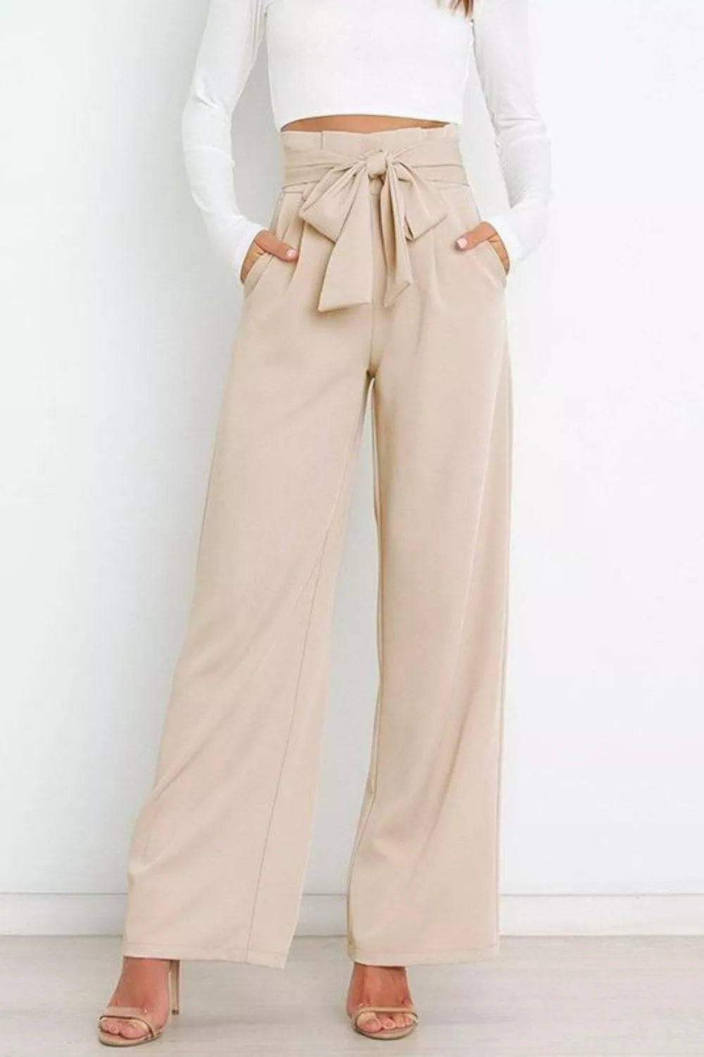 High-waist wide-leg pants with front tie bow, light beige