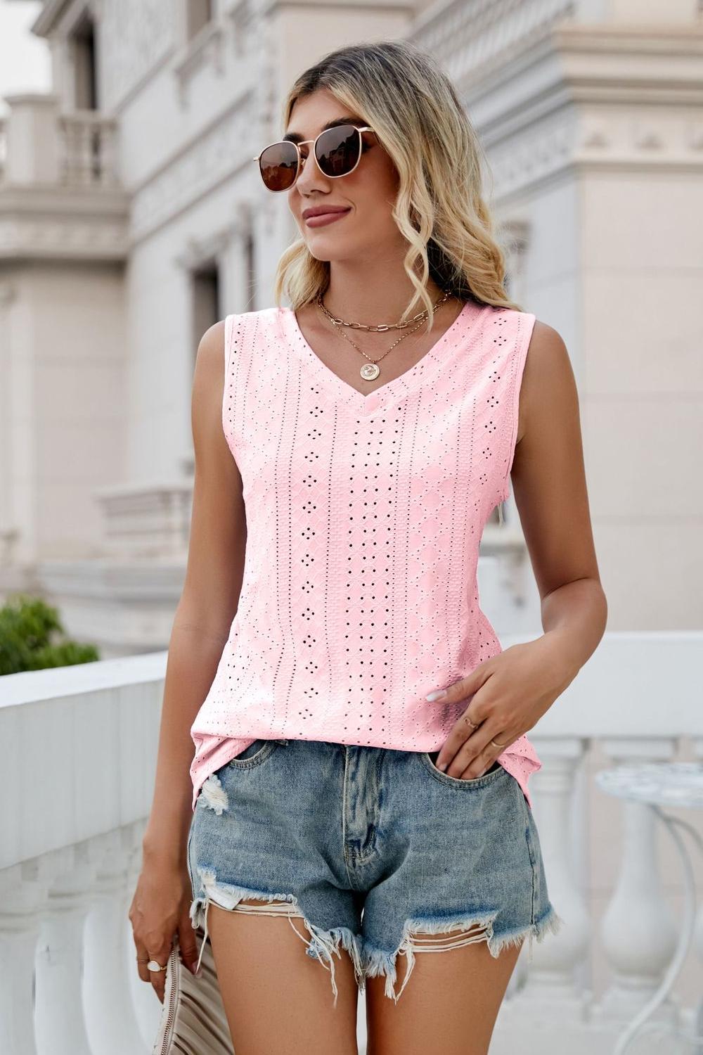 Blush pink eyelet V-neck tank top, sleeveless eyelet lace pattern