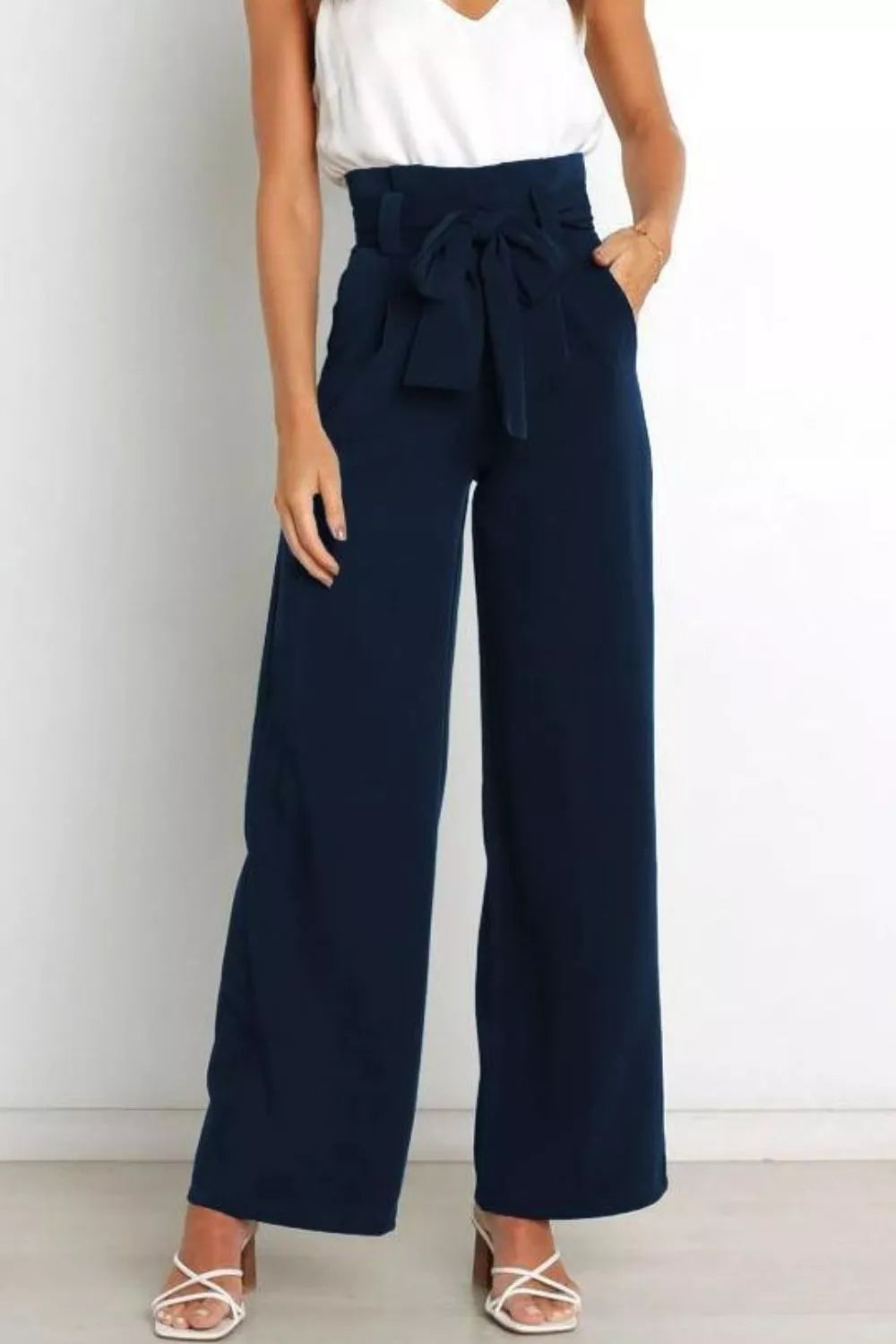 High waist tie-front wide-leg pants in navy with front bow