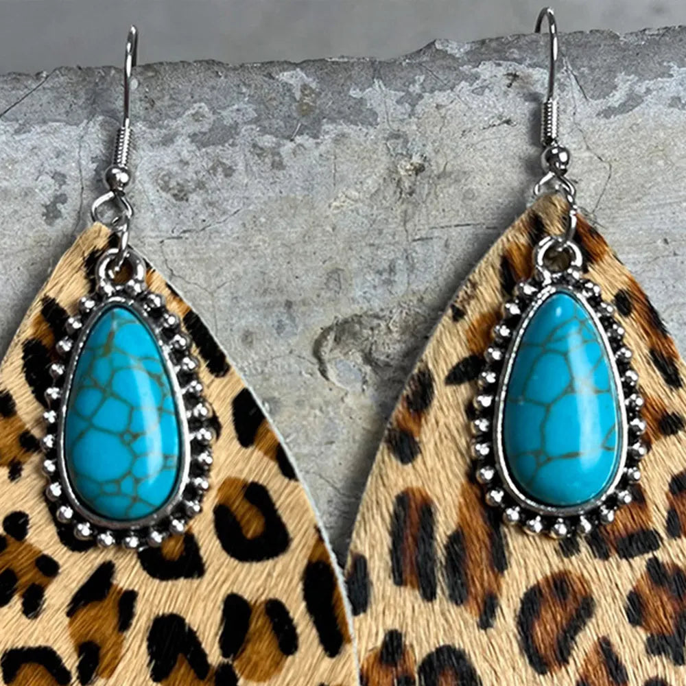 Leopard print teardrop earrings with turquoise cabochon and silver beaded frame