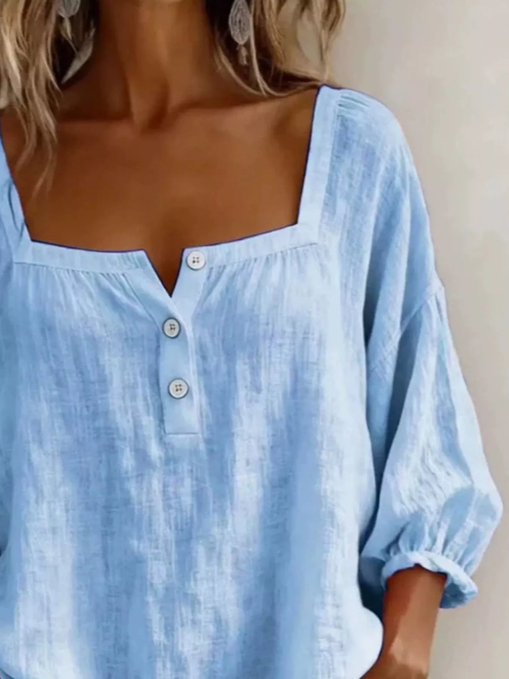Plus-size light blue square-neck blouse with front buttons and gathered neckline