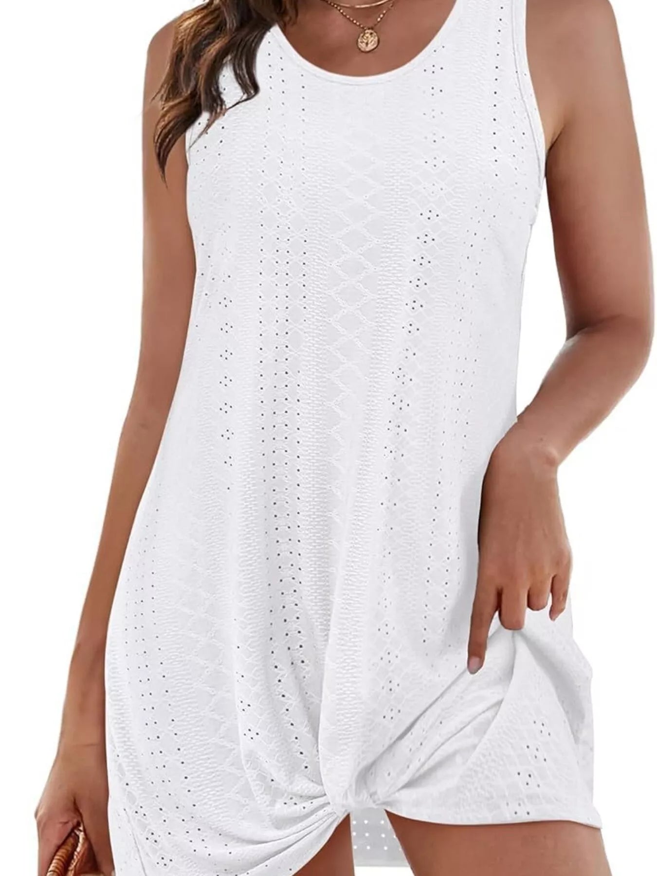 White sleeveless tank dress with textured knit, knotted drape hem and scoop neck