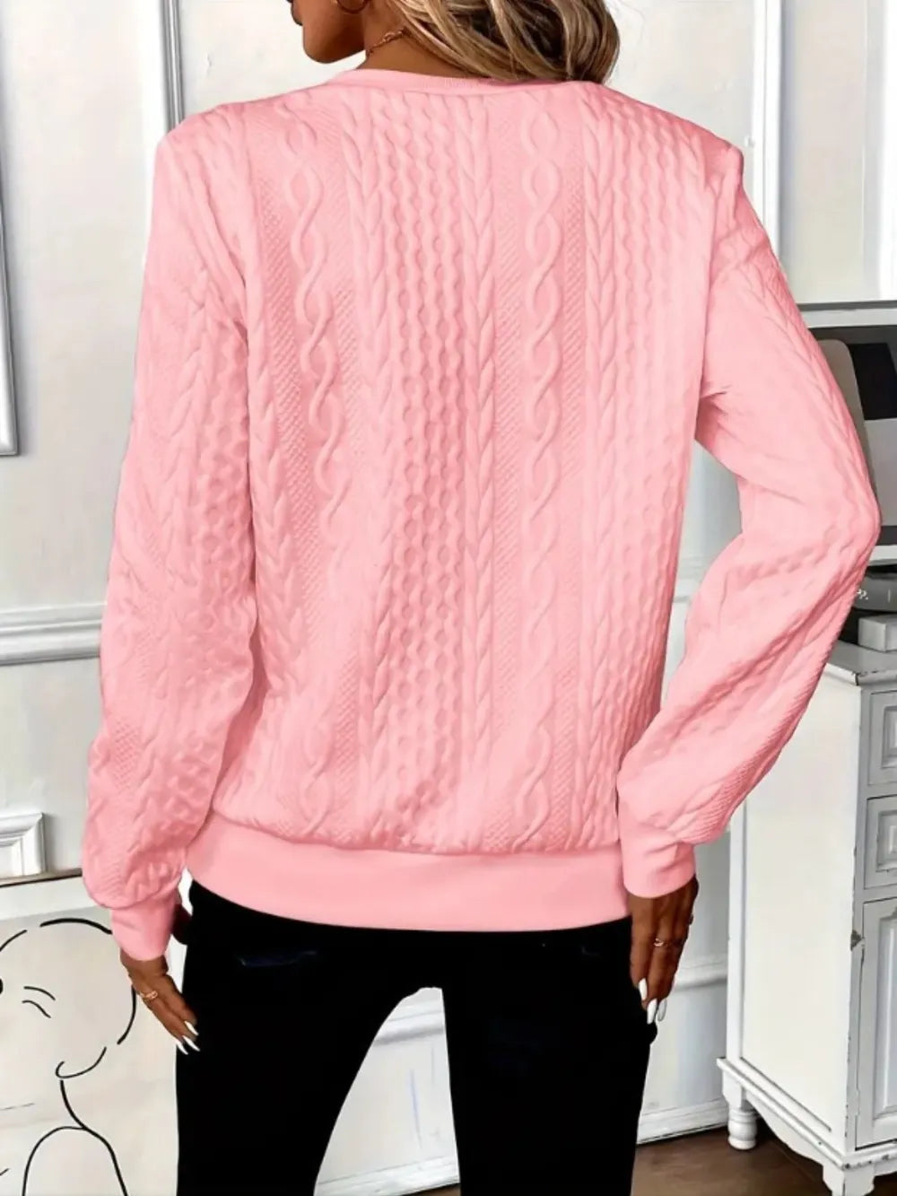 Pink textured long-sleeve half-zip sweatshirt, back view