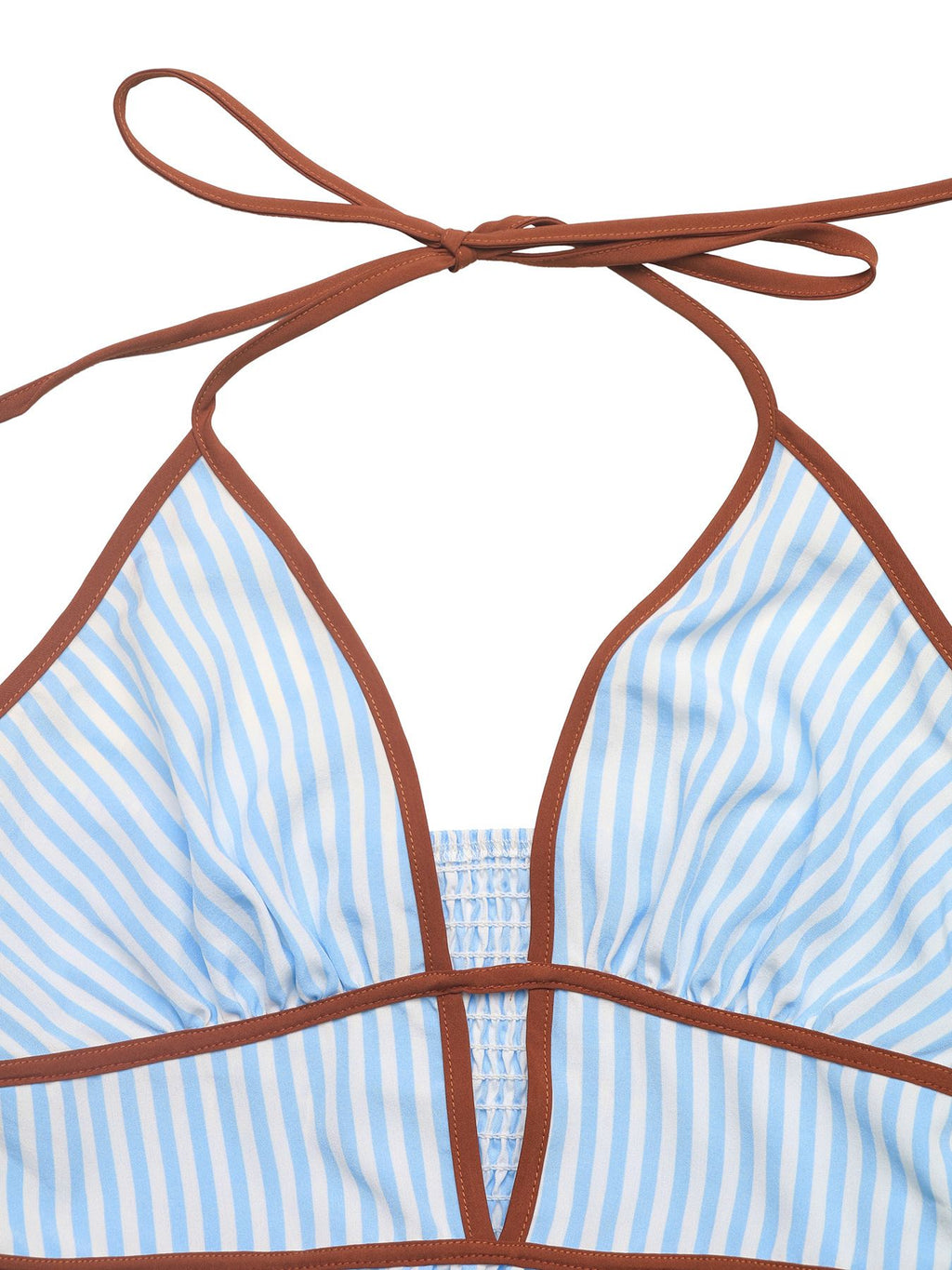 Striped halter neckline with brown straps and crisscross tie detail