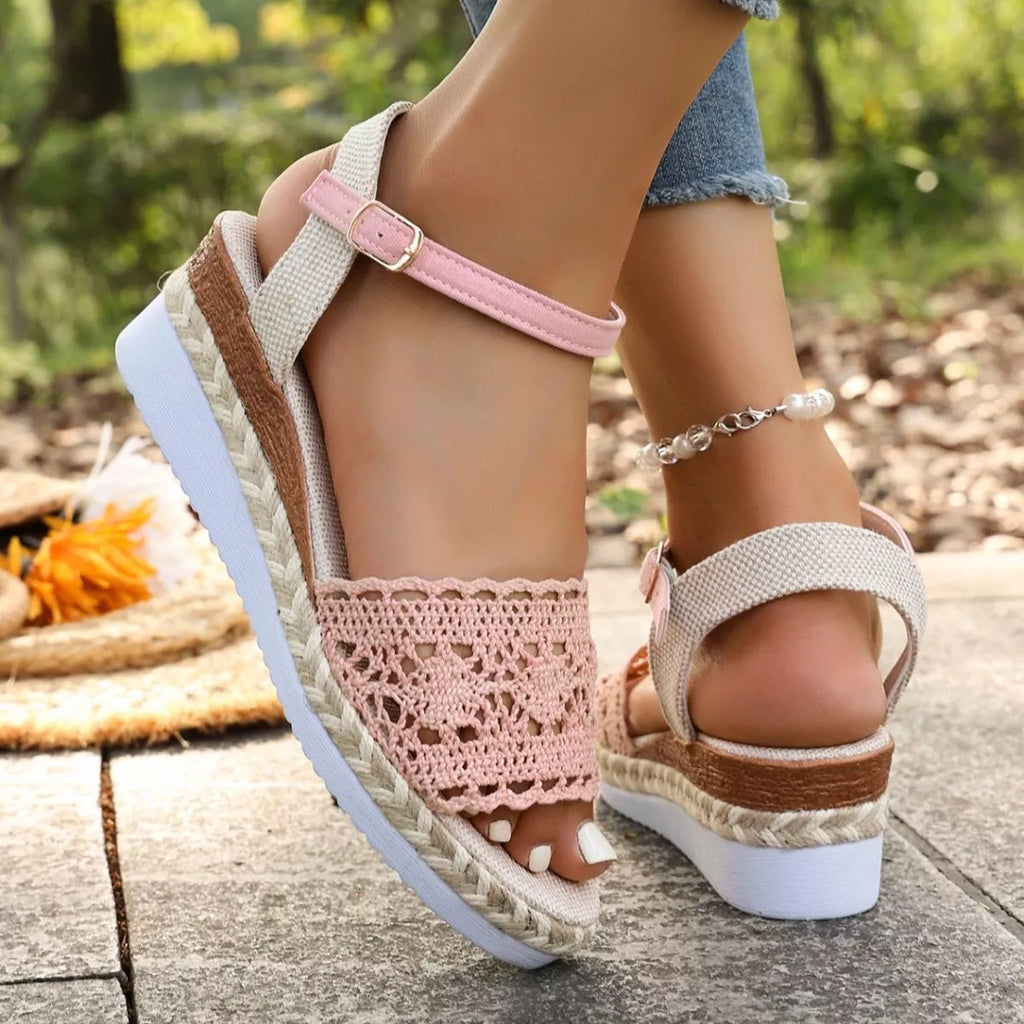 Pink crochet espadrille platform sandals with ankle buckle, open toe and back strap