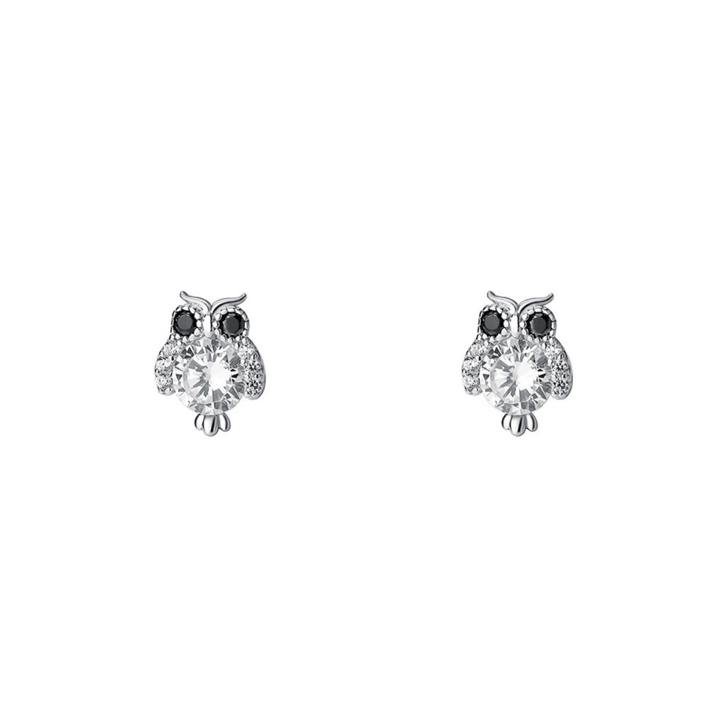 Silver owl stud earrings with clear crystal center and dark black eyes, front view