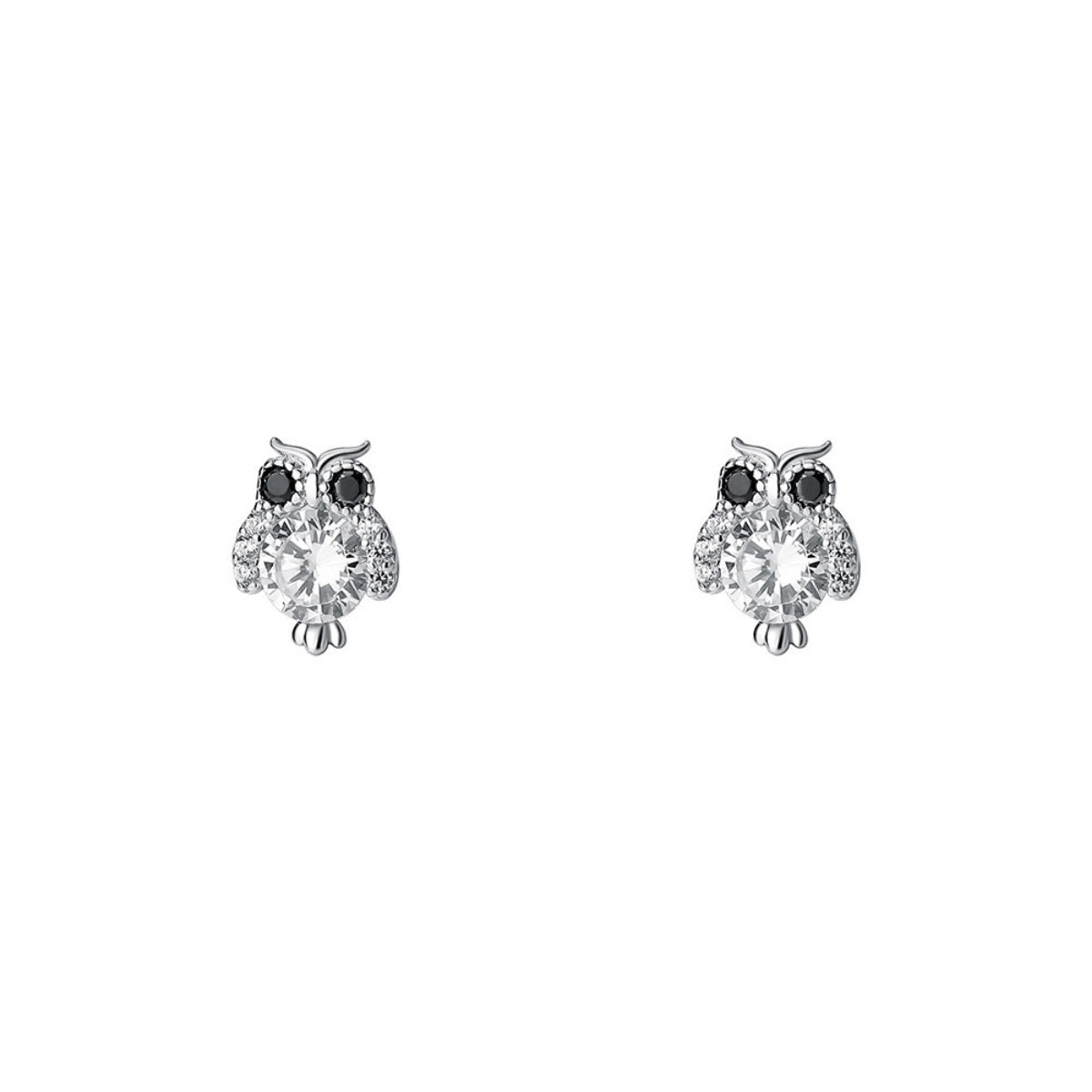 Silver owl stud earrings with clear crystal center and dark black eyes, front view