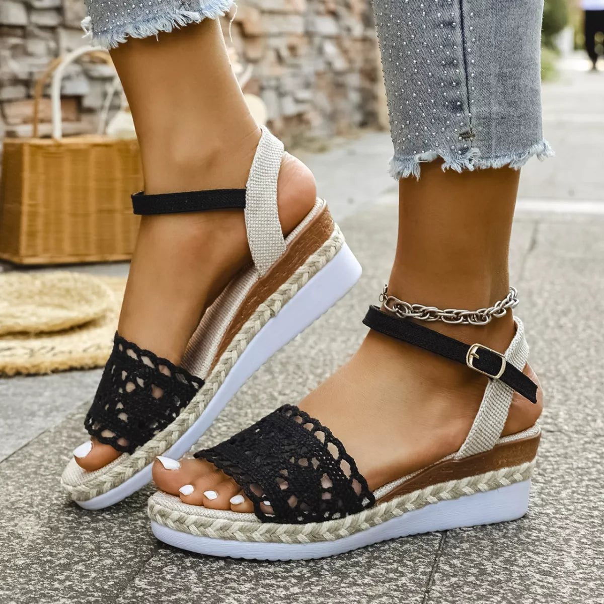 Two-tone black and white crochet espadrille wedge sandals with ankle strap