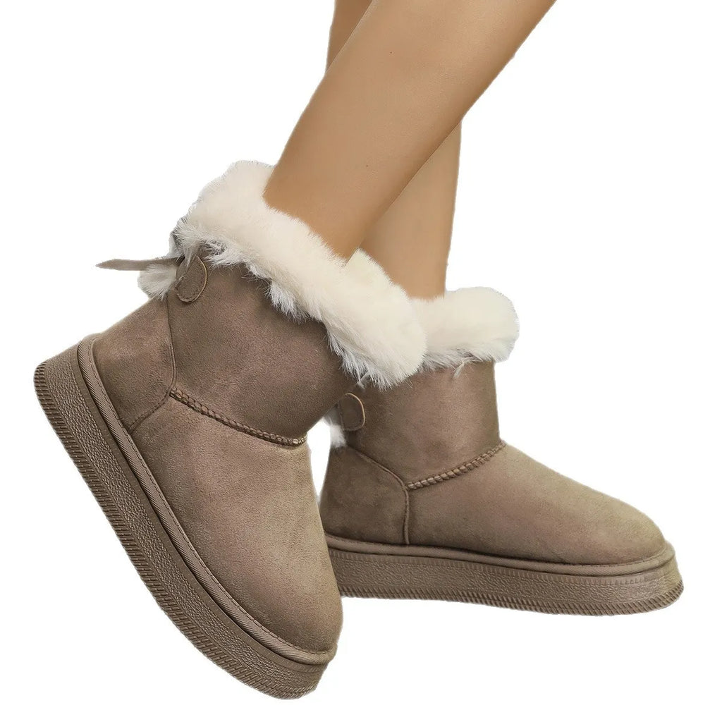 Khaki suede platform boots with white faux-fur trim and side buckle strap